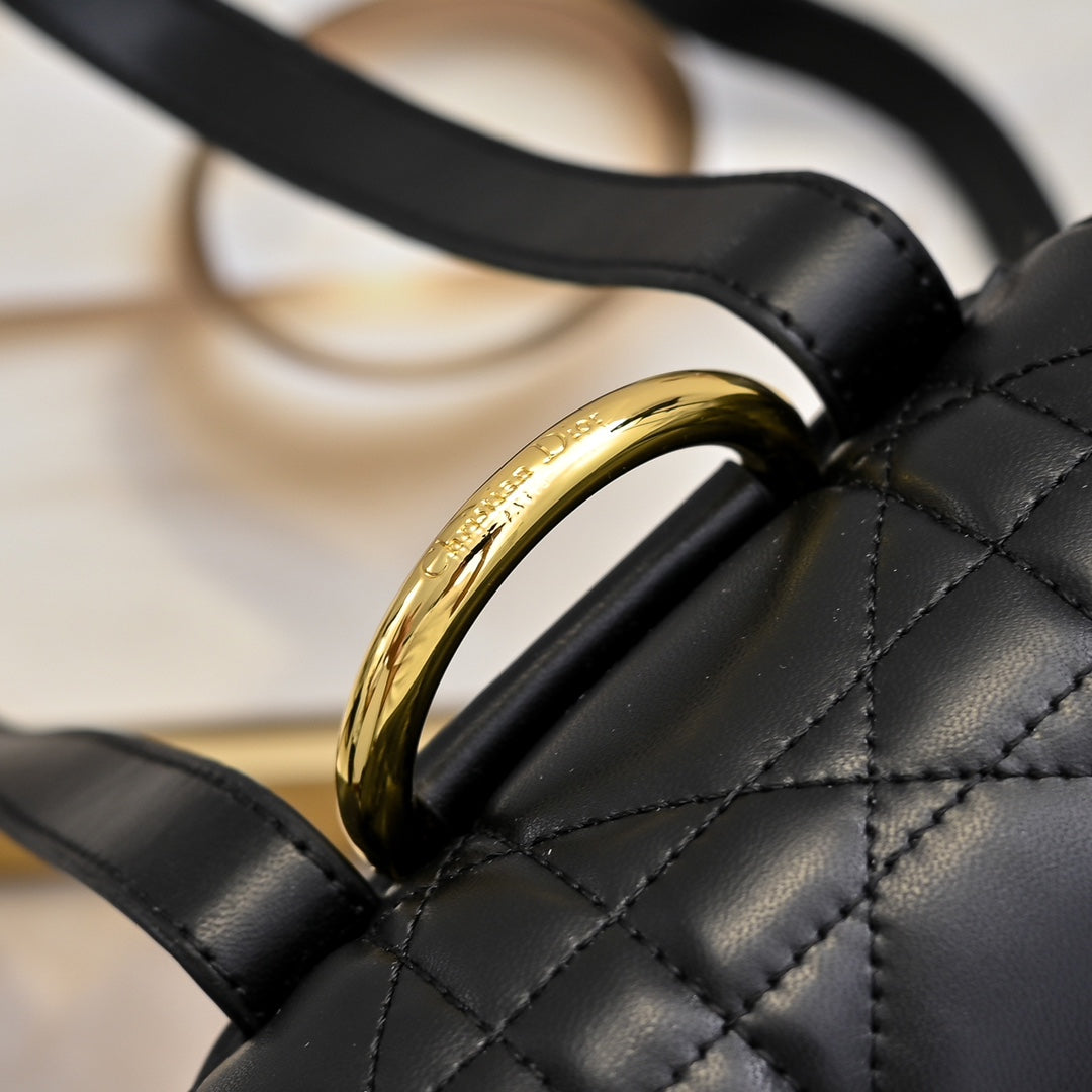 Noir Cannage Quilted Leather Drawstring Backpack