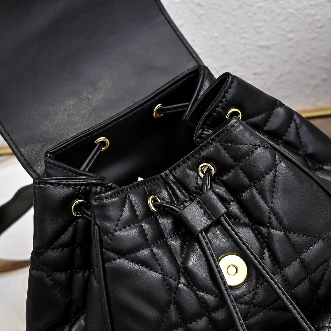 Noir Cannage Quilted Leather Drawstring Backpack