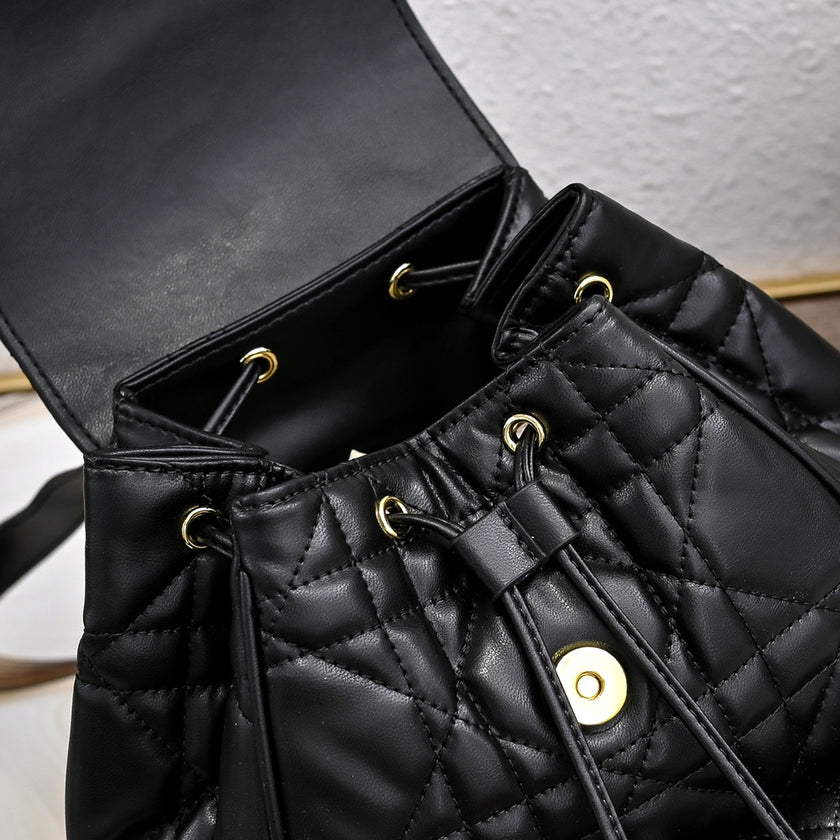 Noir Cannage Quilted Leather Drawstring Backpack