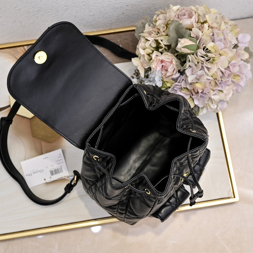 Noir Cannage Quilted Leather Drawstring Backpack