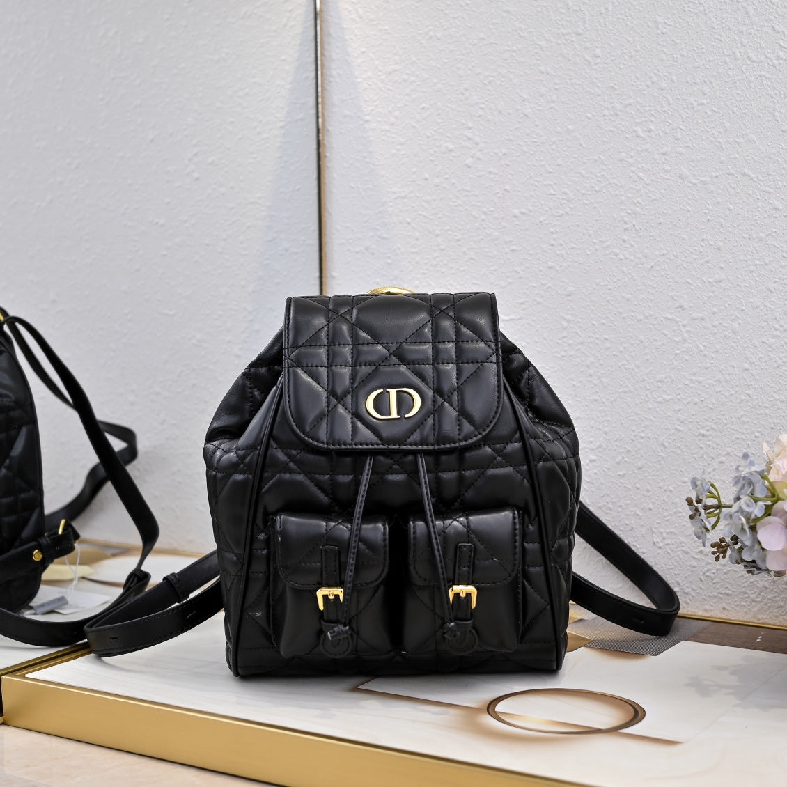 Noir Cannage Quilted Leather Drawstring Backpack