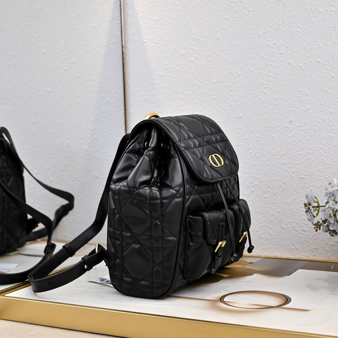 Noir Cannage Quilted Leather Drawstring Backpack