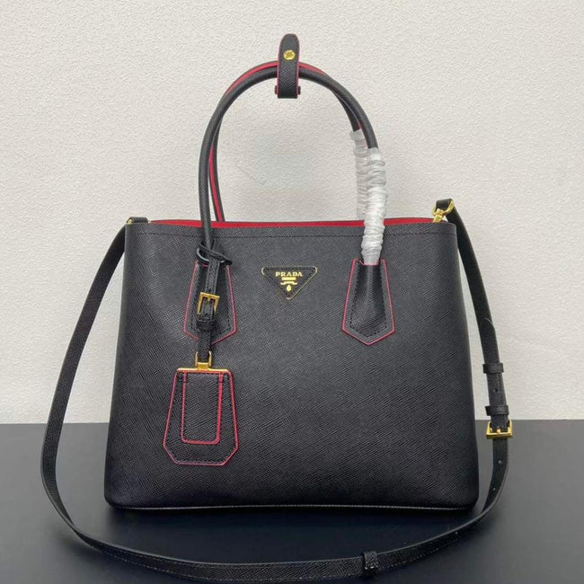 Prada Black Saffiano Cuir Leather Small Double Handle Tote Bag